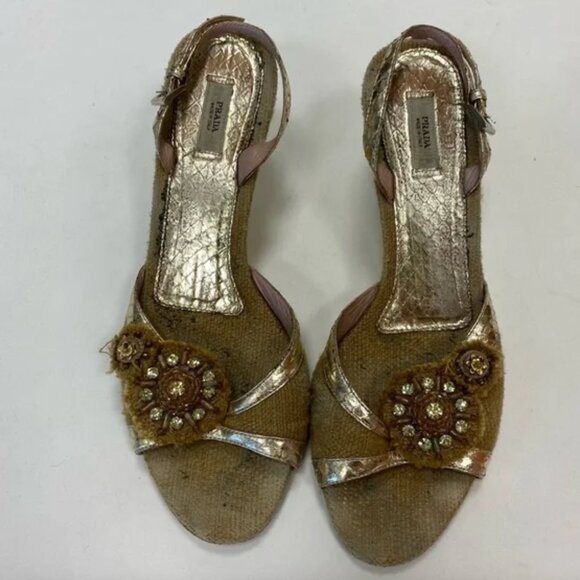 Prada Gold Floral Wedges - Picture 1 of 8
